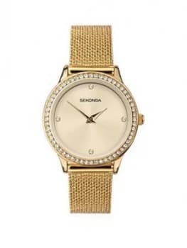 Sekonda Sekonda Cream Crystal Set Dial Gold Stainless Steel Mesh Strap Ladies Watch