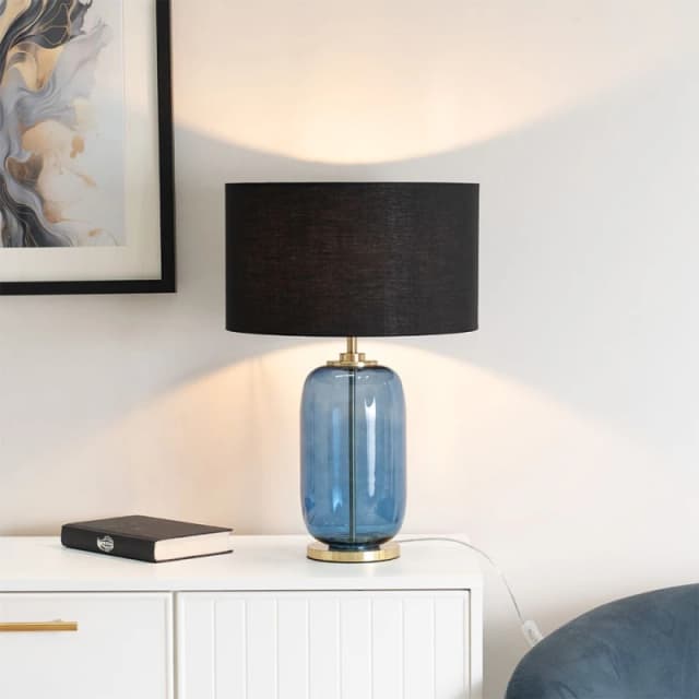 ValueLights ValueLights Leigh Fabric Drum Shade with Navy Blue Glass and Gold Trim Table Lamp with Bulb in Black One Size Unisex 5059406049699