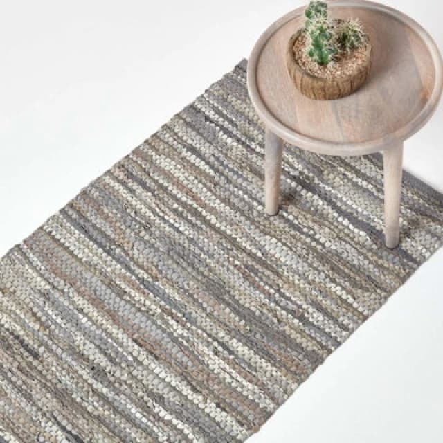 Homescapes Denver Leather Woven Hall Runner, 66 x 200cm Grey