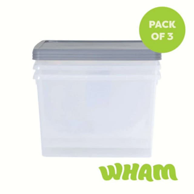 3 X Wham Box 50L Stackable Plastic Storage Archive Box & Lid Clear/steel