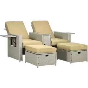 Recliner Rattan Sun Lounger w/ Storage Tea Table & Footstools, Beige - Beige - Outsunny