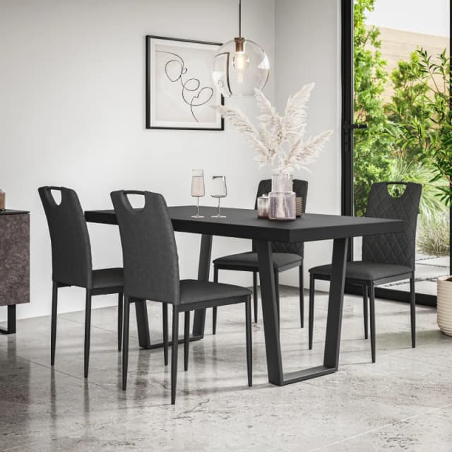More4Homes Aria Dining Table And Chairs - Black Table Top W Black Legs + Monza Linen Dining Chair Set Of 4 (Charcoal)