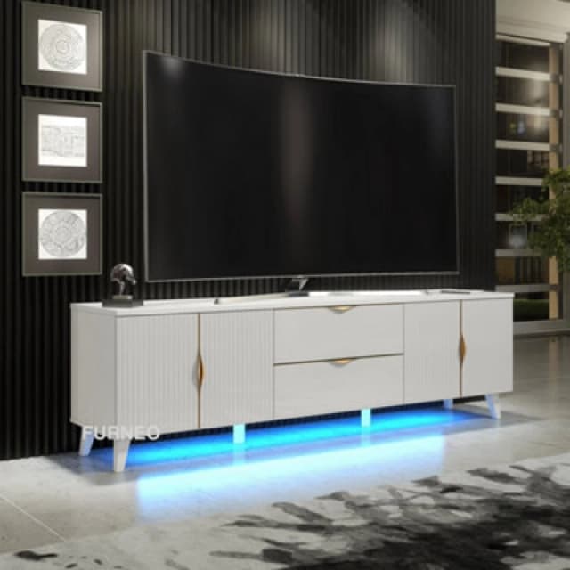 Furneo White TV Stand 180Cm Unit Cabinet Matt & High Gloss Azzurro 10 Brushed Gold Handles With Blue LED Lights