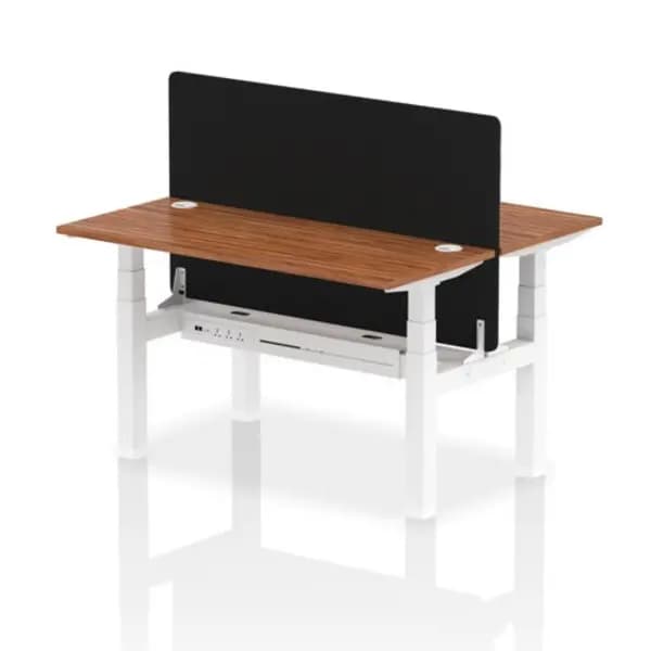 Air Air Back-to-Back 1400 x 600mm Height Adjustable 2 Person Bench Desk Walnut Top with Cable Ports White Frame with Black Straight Screen HASCP2P146