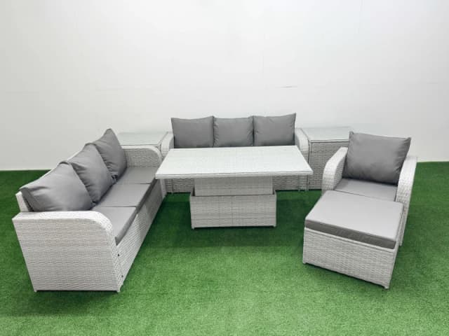 Fimous 8 Seater Poly Rattan Outdoor Garden Furniture Adjustable Lifting Dining or Coffee Table Sofa Set Big Footstool 2 Side Table Light Grey
