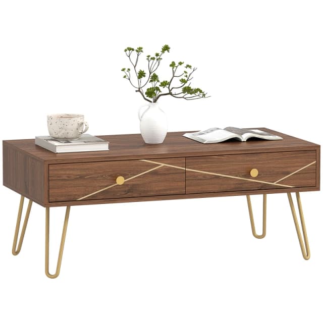 HOMCOM Coffee Table with Drawers - Living Room Table with Steel Base TJ Hughes Brown 5063603592896