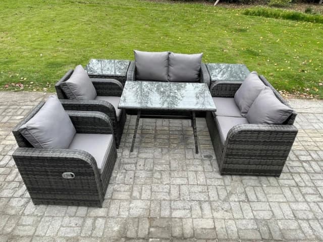 Fimous Wicker PE Rattan Garden Dining Set Outdoor Furniture Sofa with Rectangular Dining Table 2 Side Tables Dark Grey Mixed Dark Grey