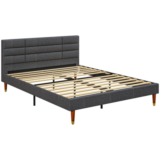 Homcom 5ft Upholstered King Bed Frame W/ Wooden Slat No Box Spring Needed 831-798V73GY