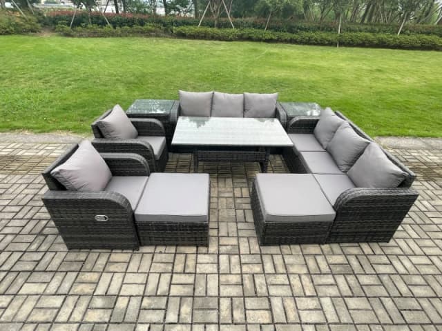 Fimous 10 Seater Rattan Garden Furniture Set Oblong Rectangular Dining Table & Chairs Set with 3 Seater Sofa 2 Big Footstool 2 Side Tables Dark Grey U