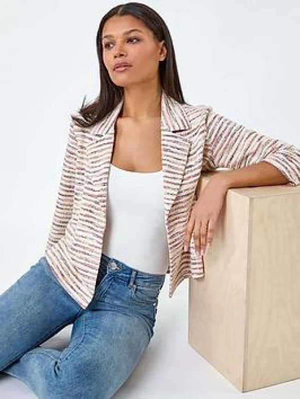 Roman Womens Stripe Textured 3/4 Sleeve Cotton Blend Jacket in Orange Size: 10 Orange Female 10