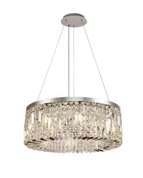 Cylindrical 60cm Ceiling Pendant Chandelier, 8 Light E14, Polished Chrome, Crystal
