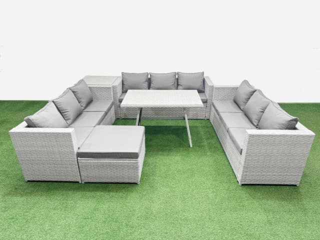 Fimous 10 Seat Patio PE Rattan Garden Furniture with Side Table Big Stool in Light Grey Light Grey Unisex