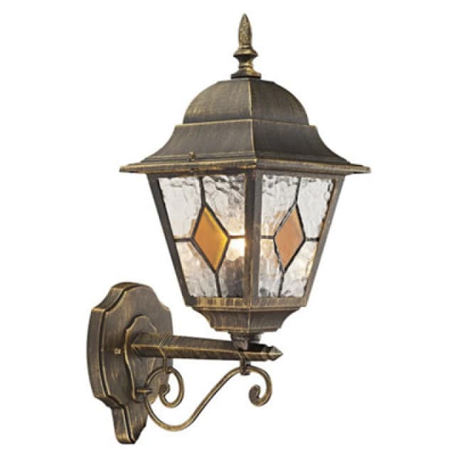Happy Homewares Black/gold Cast Aluminium Outdoor Wall Light With Amber Leaded Glass