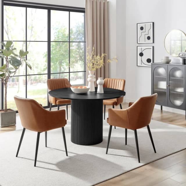 FurnitureboxUK FurnitureboxUK Penrose Black Round Dining Table & 4 Calla Faux Leather Chairs in Tan Tan One Size Unisex 5061064385453