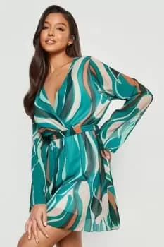 Abstract Chiffon Belted Dress