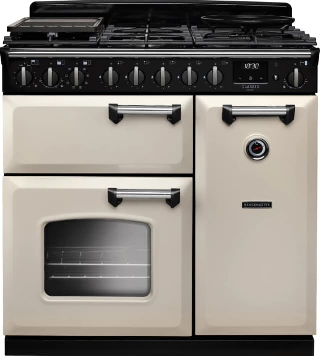 Rangemaster Classic Deluxe CLDL90DFPPCR/CM1 90cm wide Dual Fuel Range Cooker with Gas Hob - Cream / Chrome - A Rated