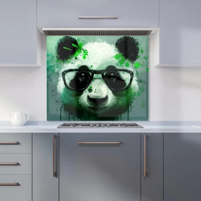 Warren Reed - Designer Panda With Glasses, Green Splashart Kitchen Splashback Size: 600mm x 750mm Green Unisex 600mm x 750mm