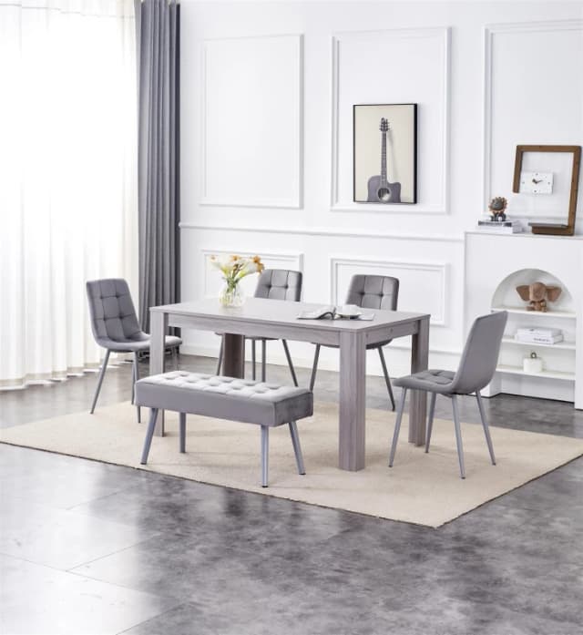 KOSY KOALA KOSY KOALA Dining Table and 4 Chairs With Bench Grey 4 Grey Velvet Chairs Wood Table Dining Set Furniture Size: 140cm x 80cm Grey 140cm x