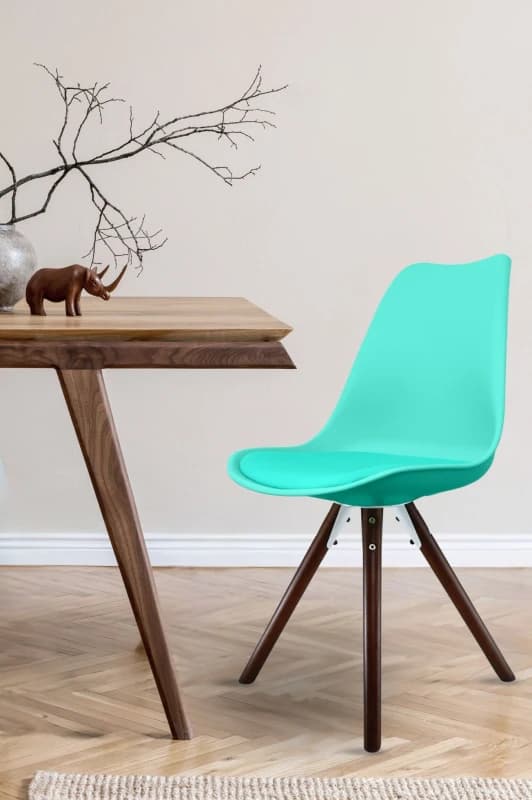 Fusion Living Soho Plastic Dining Chair with Pyramid Dark Wood Legs Aqua