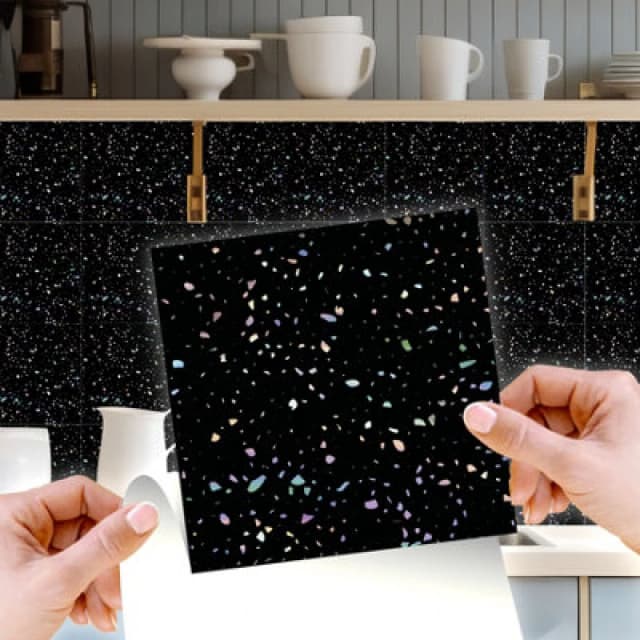 Walplus Terrazzo Holographic Glitter Black Wall Tile Sticker Set - 15Cm (6Inch) - 24Pcs One Pack One Colour WSHZ9 Unisex