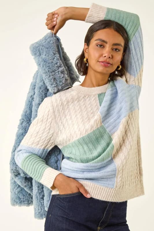 Roman Womens Colour Block Cable Knit Jumper in Ivory Size: 20 Ivory Female 20