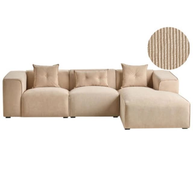 Beliani Corner Sofa 3 Seater Dolva Corduroy Beige Left Hand
