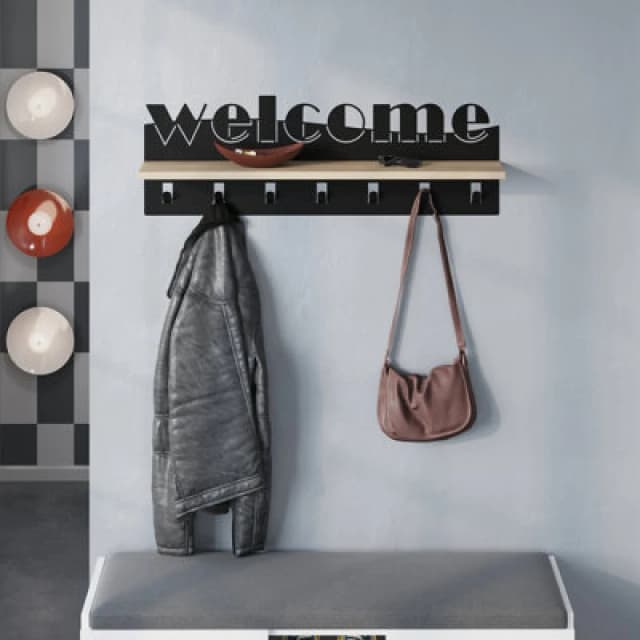 Decortie Modern Welcome Letter Wall Hanger Oak Metal 7 Metal Hooks For Hanging Shelf Rack Hotels Hallway Bedroom (Black)