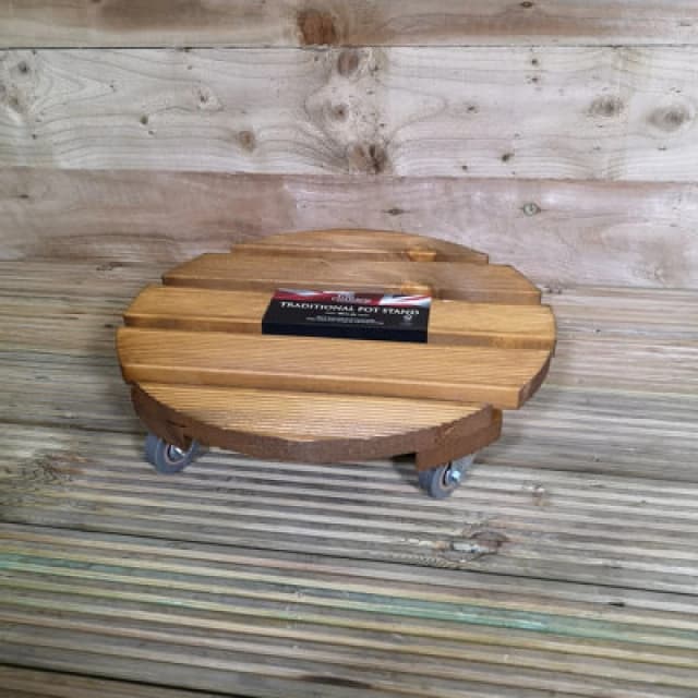 Samuel Alexander Heavy Duty Round Traditional Wood Garden Patio Plant Flower Pot Stand Caddy Trolley On Strong Metal Castor Wheels 30Cm