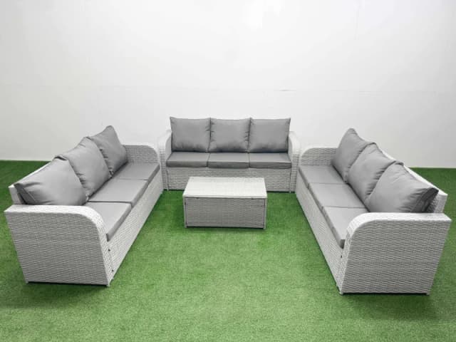 Fimous PE Rattan Lounge Sofa Set 9 Seater Outdoor Garden Furniture Set with Rectangular Coffee Table 3 Seater Sofa Light Grey Light Grey