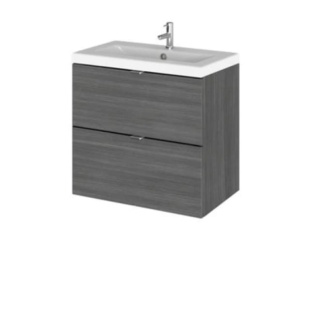 Hudson Reed Fusion Wall Hung 2 Drawer Vanity Unit & Ceramic Basin, Sink Vanity Unit, Anthracite Woodgrain, 600mm