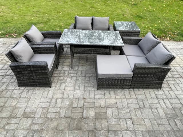 Fimous Rattan Garden Furniture Set 7 Seater Patio Outdoor Lounge Sofa Set with Oblong Dining Table Double Seat Sofa Side Table in Dark Grey Dark Grey