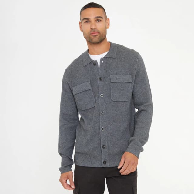 Threadbare 'Sunnyfield' Long Sleeve Knitted Shirt Charcoal