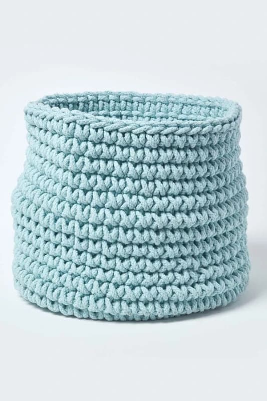 Homescapes Cotton Knitted Round Storage Basket, 42 x 37cm Bright Blue