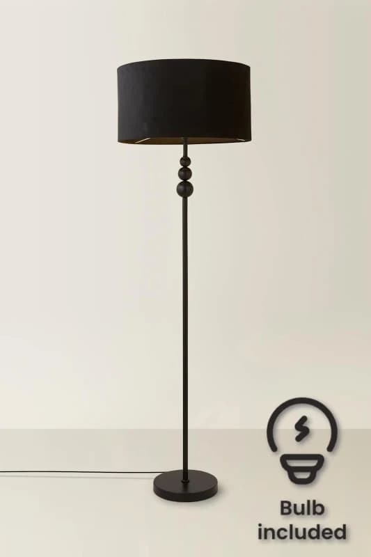 ValueLights Marissa Velvet Drum Shade with Black Stacked Ball Floor Lamp with LED Bulb Black