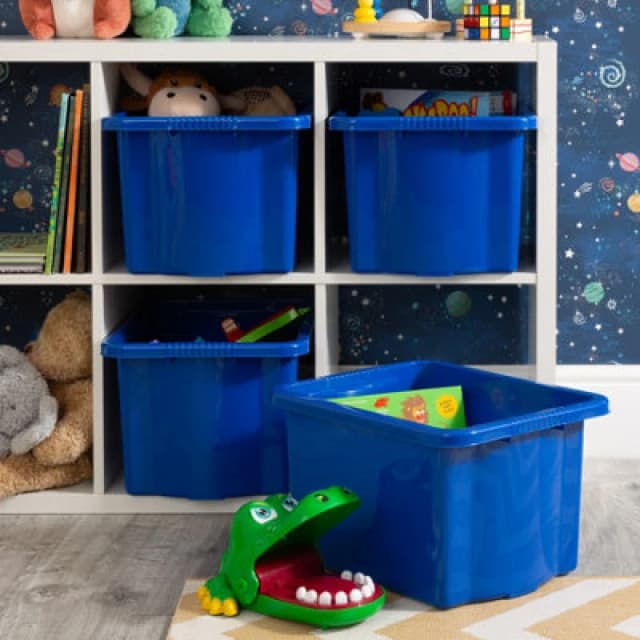 Wham Stack & Store 4X 24L Plastic Storage Boxes. Ideal For Toys, Classrooms & Playrooms. Integrated Handles. Blue