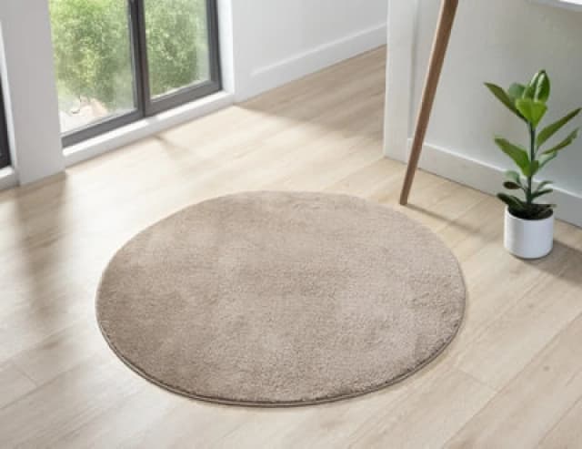 Comfy Washable Low Pile Living Room Area Rug - Anti Slip Felt Backing Beige 100Cm Diameter