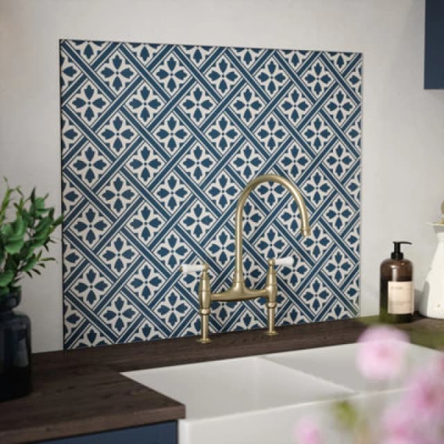 Laura Ashley Mr Jones Midnight Seaspray Geometric Self-Adhesive Glass Splashback, (H)750mm (W)900mm (T)6mm