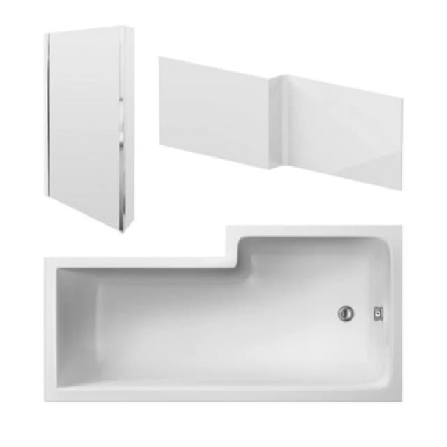 Nuie Left Hand Square Shower Bath Set, Modern Bathtub With Screen & Side Panel, Deep Soaking Bathtub With Legs In White, 1600mm
