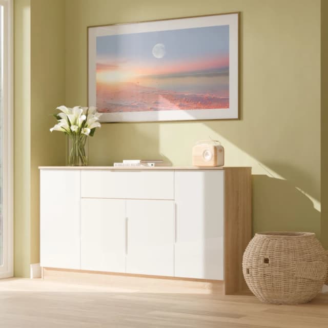 Welcome Furniture Ltd Milan 4 Door 1 Drawer Wide Sideboard in White Gloss & Bardolino Oak - Ready Assembled, White MIL208WGBO