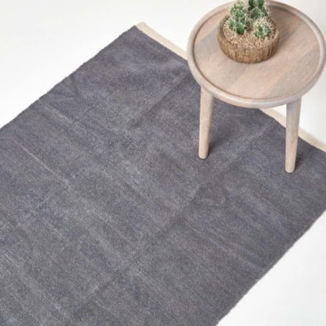 Homescapes Dark Grey 100% Cotton Plain Chenille Rug With Natural Trim, 60 X 100 Cm
