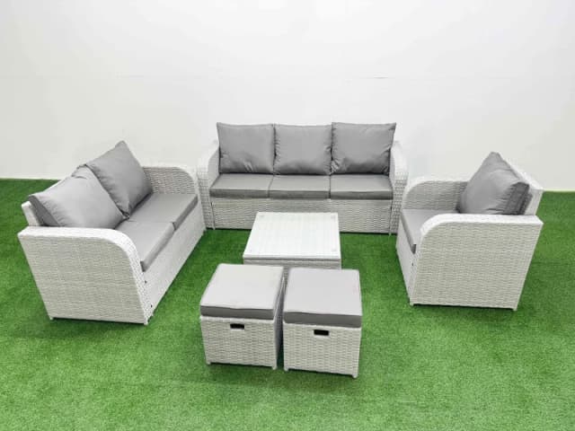 Fimous Patio PE Wicker 8 Seater Outdoor Rattan Furniture Sofa Sets with Square Coffee Table Reclining Chair Loveseat Sofa 3 Seater Sofa Stool Light Gr