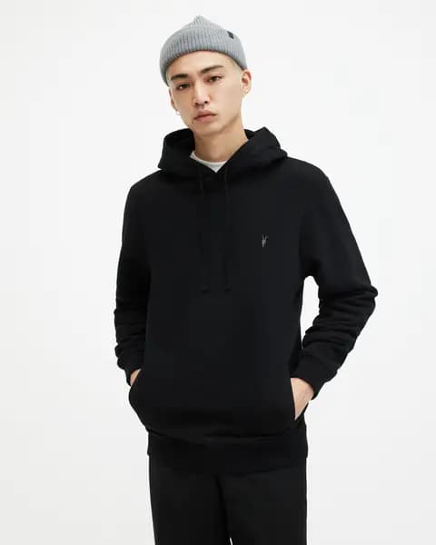 AllSaints Mens Cotton Slim Fit Raven Pullover Hoodie, Black, Size: XS