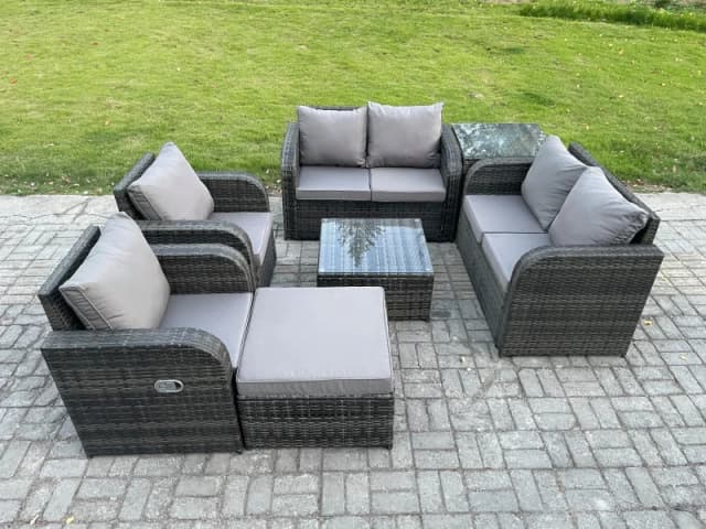 Fimous 7 Seater Rattan Sofa Set Outdoor Garden Furniture Set with Square Coffee Table Loveseat Sofa Reclining Chairs Side Table Big Footstool Dark Gre