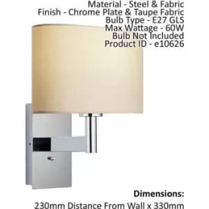 Loops - Wall Light & Shade Chrome & Taupe Fabric 60W E27 usb Socket e10626