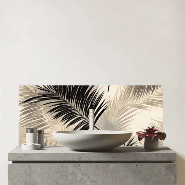 Warren Reed - Designer Black & White Tropical Palm Leaves Glass Bathroom Splashback in Grey Grey Unisex