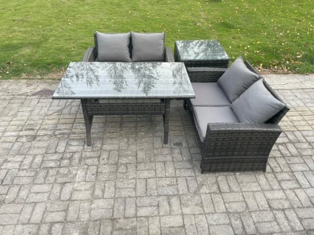 Fimous Dark Grey PE Wicker Rattan Garden Furniture Set Love Sofa Outdoor Rectangular Dining Table Side Table Dark Grey Unisex