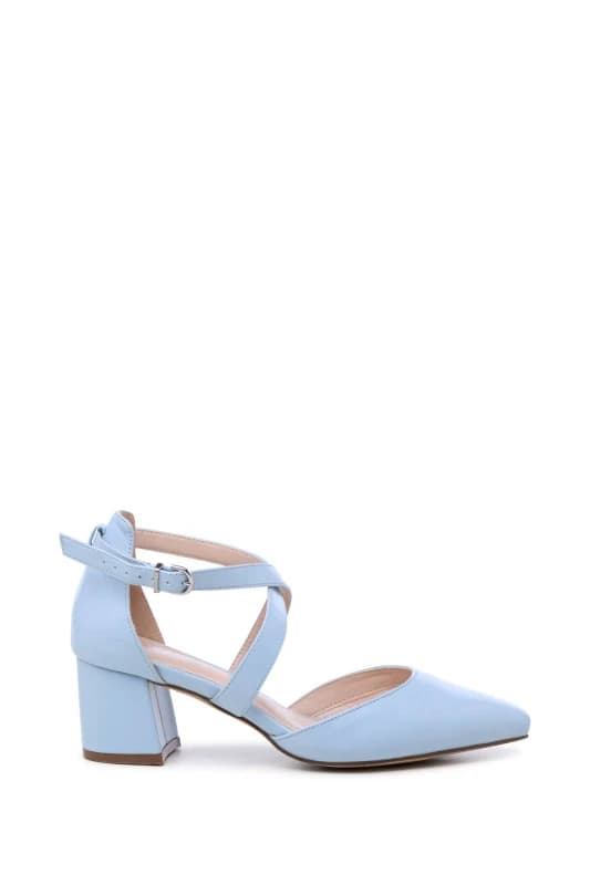 Paradox London Womens 'Ffion' Wide Fit Mid Block Heel Cross Strap Court Shoe in Baby Blue Size: 7E Baby Blue Female 7E