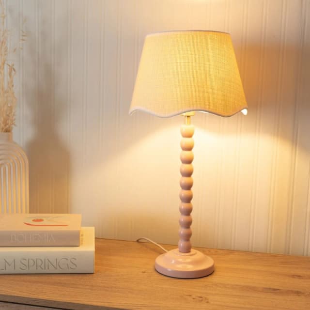 ValueLights ValueLights Bobbins Painted Rose Table Lamp with Linen Scallop White Trim Shade and LED Bulb in Pale Pink Pale Pink One Size Unisex 505940