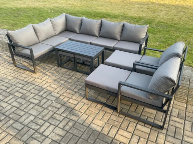 Fimous Aluminium Outdoor Garden Furniture Set Patio Lounge Sofa with Oblong Coffee Table Chair 2 Small Footstools Big Footstool Dark Grey Dark Grey Un