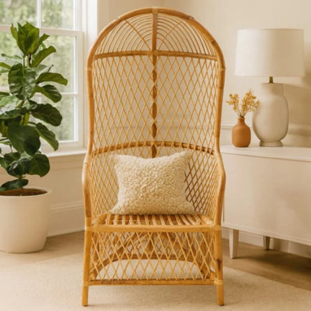 Orsina Brown Natural Rattan Canopy High Back Chair, Rattan Arm Chair With Sun Shade, Hand-Woven Rattan Patio Chair